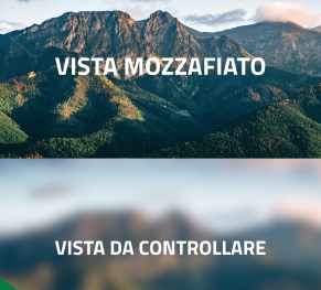 fotografia di una montagna con scritta "vista mozzafiato" e stessa fotografia sfuocata con scritta "vista da controllare"