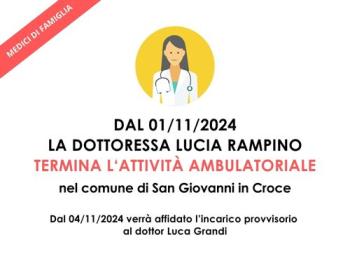 la dottoressa rampino termina l'attività come medico di famiglia il 1° novembre. Al suo posto il dottor Luca Grandi a partire dal 4 novembre 2024