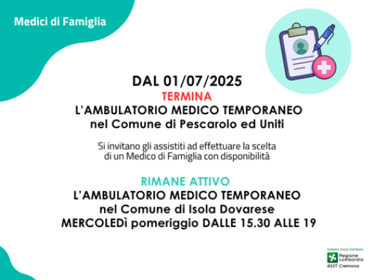 PESCAROLO ED UNITI L’AMBULATORIO MEDICO TEMPORANEO TERMINA L’ATTIVITA’ RIMANE ATTIVO AD ISOLA DOVARESE  